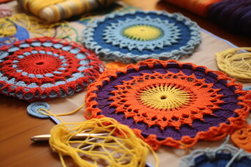 Obraz premium Colorful knitted napkins made of yarn in ethnic style 