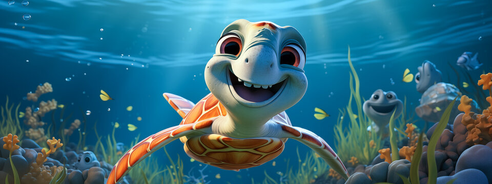 Illustration of a happy turtle smiling under the sea. Colourful cartoon coral under water in ocean. Generative Ai.