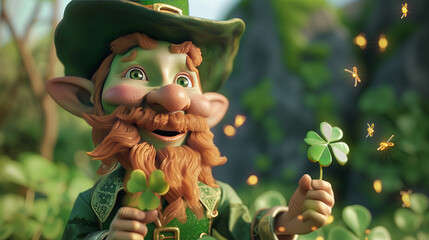 Leprechaun and his four leaf clover. Happy St Patrick's day! - obrazy, fototapety, plakaty