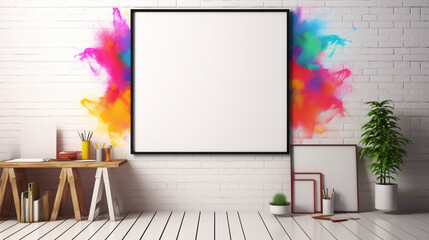 A mockup of an office with a blank white empty frame, presenting a vibrant, abstract digital artwork.