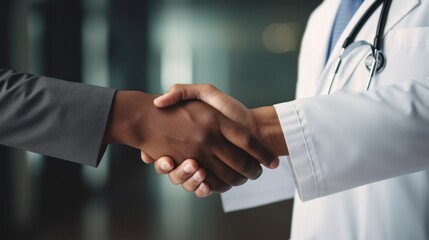 Close-up of a handshake between a doctor and a grateful patient in a hospital. Medicine, Healthcare, medical care concepts.