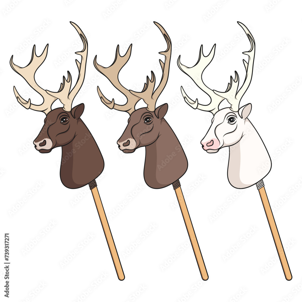 Poster set of color illustrations with hobby horse deer toy on stick. isolated vector objects on white back