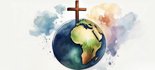 Watercolor illustration of a Christian cross on earth on a white background. Digital painting