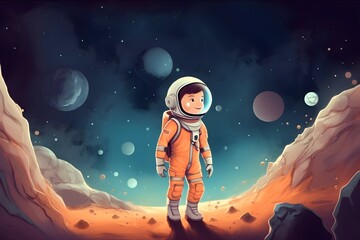 Create a beautiful illustration of a little boy dressed in a spacesuit, walking on a distant planet in the universe, perfect as an illustration for a book. In this captivating image, the little bois - obrazy, fototapety, plakaty