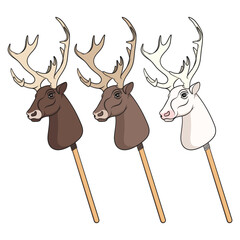 Set of color illustrations with hobby horse deer toy on stick. Isolated vector objects on white background. - 739317271