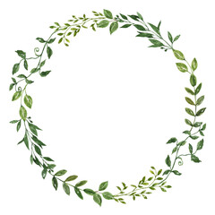 Floral greenery wreath made of green leaves and foliage. Watercolor botanical round frame. PNG clipart.