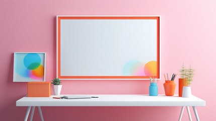 A mockup of an office with a blank white empty frame, presenting a colorful, modern graphic illustration.