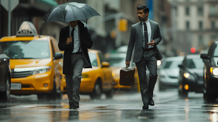 A businessman in a rush hailing a taxi in the rain umbrella in one hand and briefcase in the other. - obrazy, fototapety, plakaty