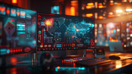 Technology monitors with world data, vibrant office workspace