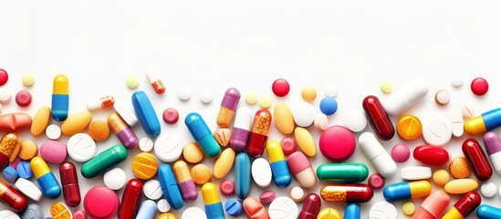 Assortment of various vibrant pills scattered on a clean white surface