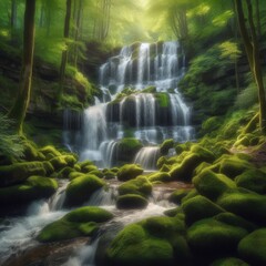 A waterfall cascading down moss-covered rocks in a tranquil woodland setting
