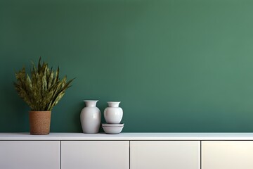 white shelf with vases on it and a potted plant on the side - obrazy, fototapety, plakaty