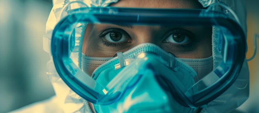 Young man in protective mask and goggles standing confidently in safety gear