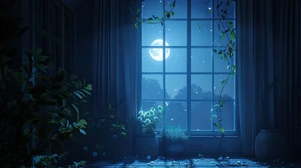 Foto op Plexiglas Enchanting scene of moonlight casting magic glow on window © ISK PRODUCTION