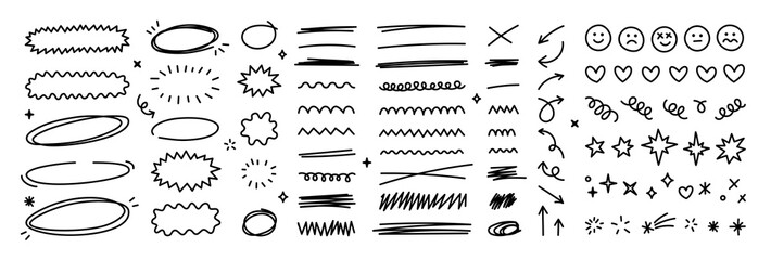 Scribble doodle underline emphasis line shape set. Hand drawn brush stroke elements. - obrazy, fototapety, plakaty