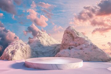 podium and minimal ceramic product display with sands floor on pink pastel cloud mountain and blue sky background.