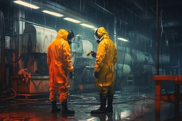 Two men in yellow protective gear are standing in a wet industrial area