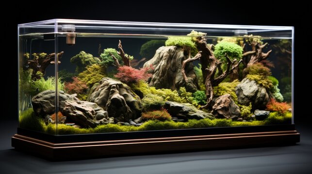 A small, artistic aquarium, featuring unique aquascaping and rare miniature fish species, displayed