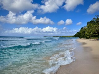 peaceful seascape of a sandy beach in the caribbean with a view of the sea and its relaxing waves on a cloudy vacation day
