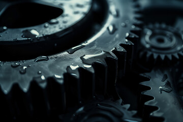 close up of gears and cogs on black background with water drops - obrazy, fototapety, plakaty