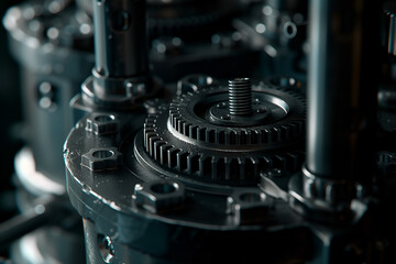 close-up of the black gearbox of a engine, selective focus