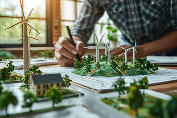Fototapeta premium Engineer Collaborating on Eco-Friendly Turbine Design. Engineer engages in the design and development of turbine models, highlighting the innovation in sustainable technology.
