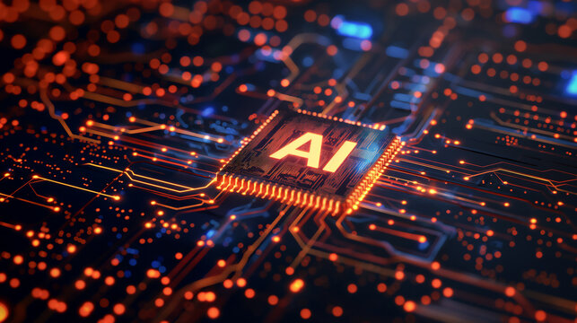 3D illustration of Ai artificial intelligence technology Chipset CPU or MCU on circuit board. Futuristic electronic and technology Concept.