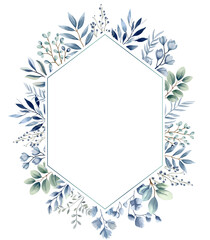 Watercolor plants template, blue pastel colors. Botanical watercolor frame, wreath for wedding invitations, posters and cards.