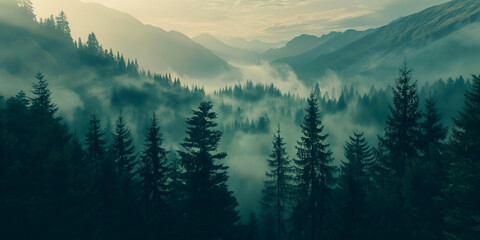 misty morning mountain view over the forest of pine trees - obrazy, fototapety, plakaty