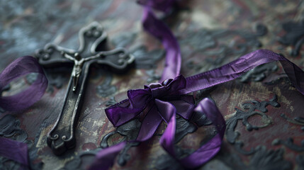 cross and purple ribbon, symbolic religious concept