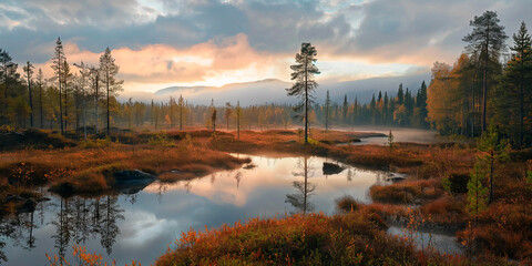 Fototapeta na wymiar Autumn Forest Reflections on a Misty Morning