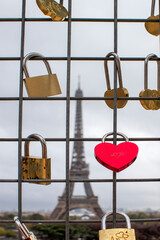 Castles Against the Backdrop of the Eiffel Tower in Paris, France. Attractions, Tourist Places. Multi-colored Locks as a Symbol of Eternal Love