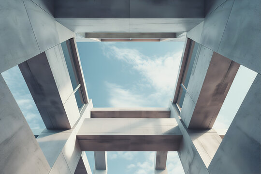 Abstract architecture background with concrete walls, view from bottom to top