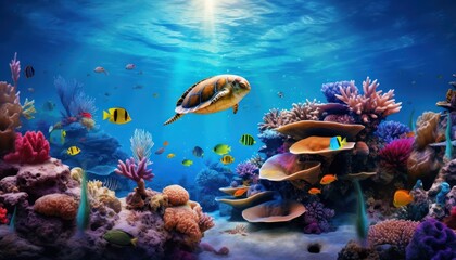 Naklejka na ściany i meble Fish in the water, coral reef, underwater life, various fish and exotic coral reefs