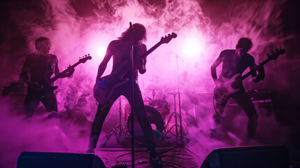 concert photo of rock band on stage, low-light ambiance - obrazy, fototapety, plakaty