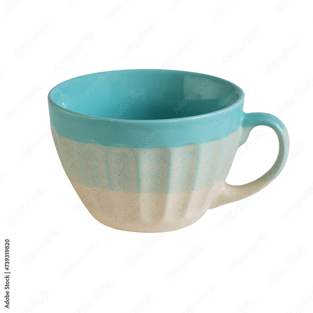 Wall mural handmade ceramic cup in blue and beige colors on a white background