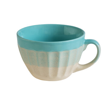 Handmade ceramic cup in blue and beige colors on a white background
