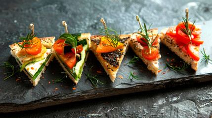 A set of mini sandwiches on a board in a restaurant. - obrazy, fototapety, plakaty