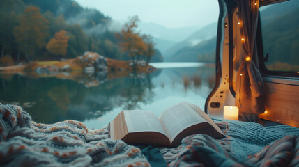 A cozy scene inside a camper van with soft blankets and a book, parked by a serene lake, reflecting a peaceful lifestyle moment during a road trip adventure.