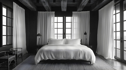 A sleek monochromatic bedroom. Interior design. Created with generative AI.