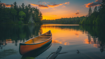 Beneath the mesmerizing canvas of a stunning sunset, a solitary canoe gently floats on the serene lake, its presence accentuated by the tranquil surroundings of the forested shores.