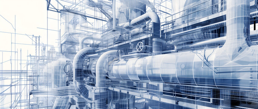 construction blueprints showing many pipes, industrial construction building plans