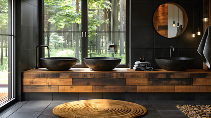 A modern black and wood bathroom interior design. Interior design. Created with generative AI.