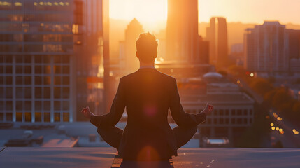 A businessman on a rooftop doing yoga at sunrise embracing wellness as a cornerstone of successful leadership. - obrazy, fototapety, plakaty