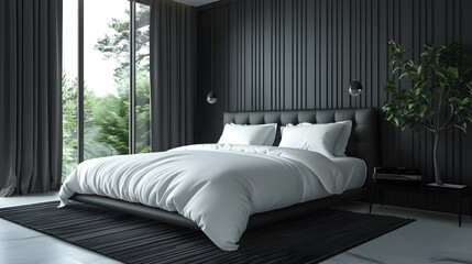 A sleek and minimalist black and white bedroom. Interior design. Created with generative AI.
