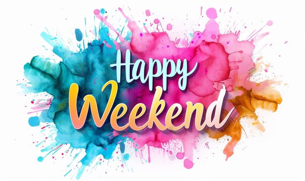 Watercolor paint imitation splash background with Happy weekend text. Modern calligraphy lettering.