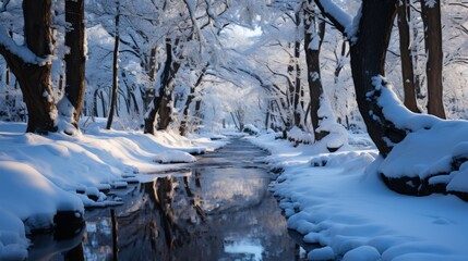 A secluded forest path after a snowfall, the untouched snow a smooth white canvas, the quietness of