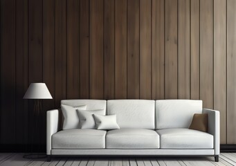 white sofa and lamp facing the wall and wooden floor