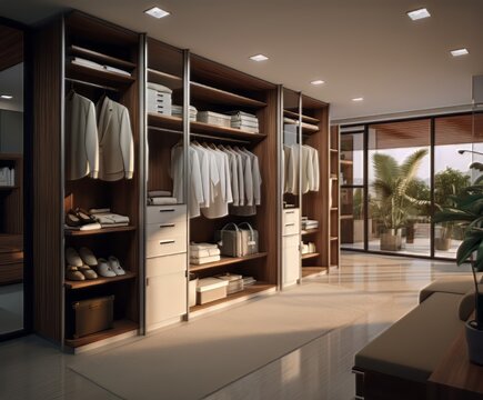 room with a large closet and a couch with a chair and a table with a chair. - Powered by Adobe