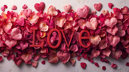 Love text surrounded by vibrant red and pink rose petals. This image is perfect for: valentine’s day, romance, love messages, wedding invitations.